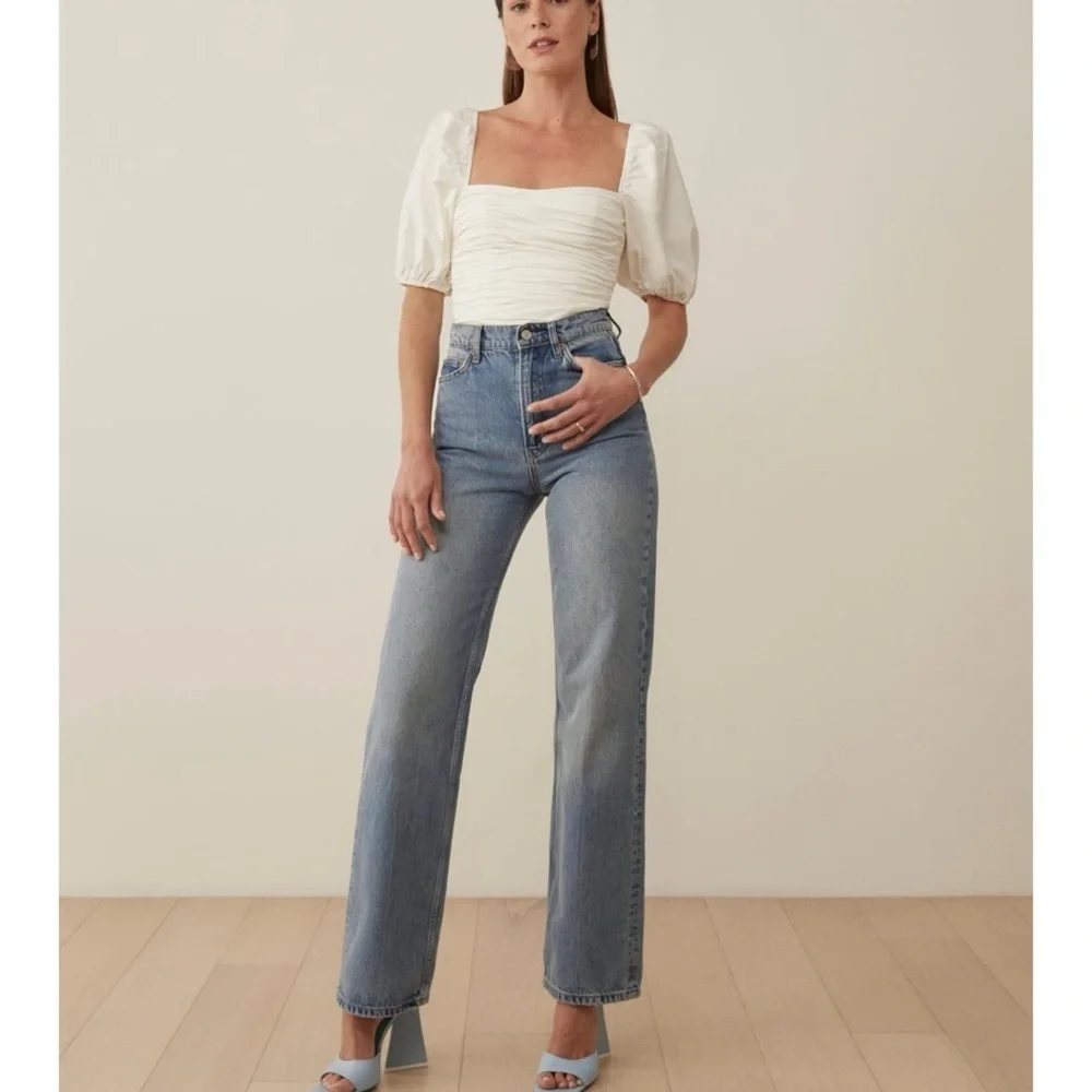 Reformation white puff sleeve ruched top NWT